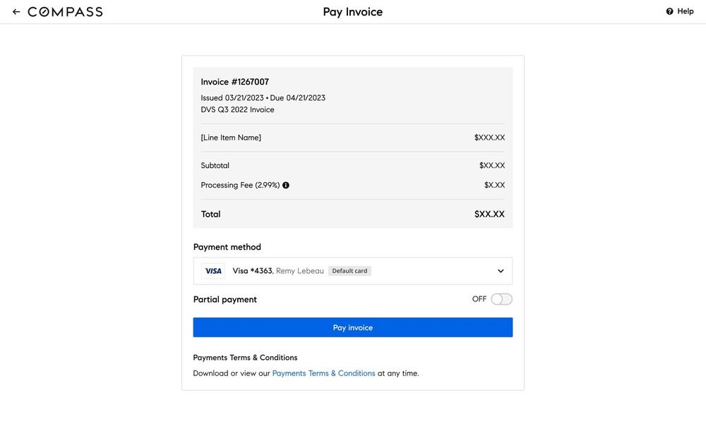 Full Pay Invoice screen showing a 2.99 percent processing fee broken out as its own line item above the total, with a Visa card selected as the payment method