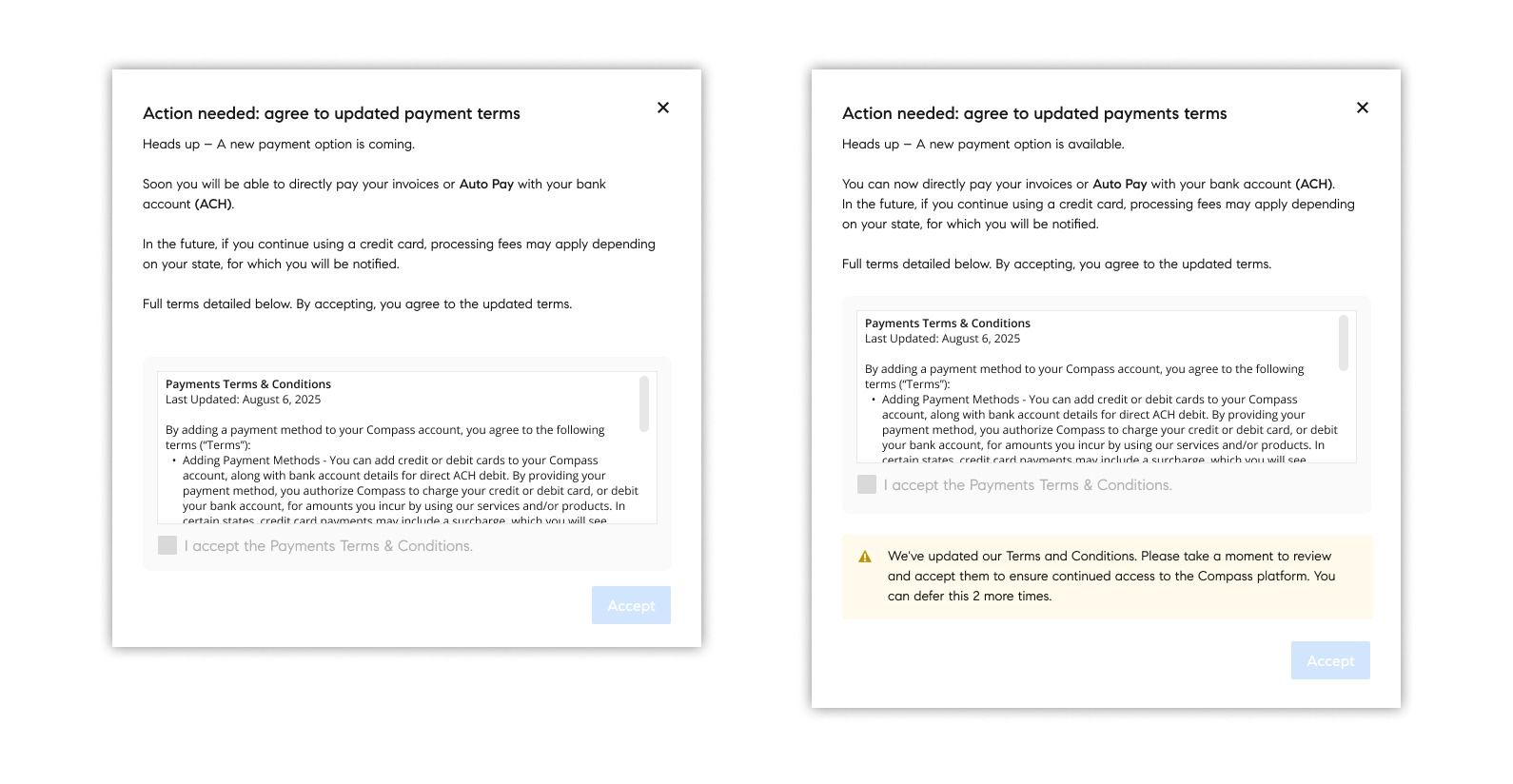 Two payment terms modals side by side, the first announcing ACH is coming, the second confirming ACH is live before the surcharge activates