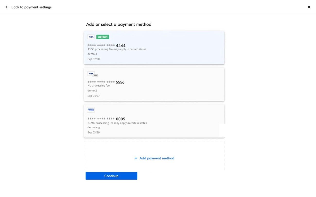 Add or select a payment method screen showing saved cards, each with its own processing-fee disclosure, and an option to add a new payment method