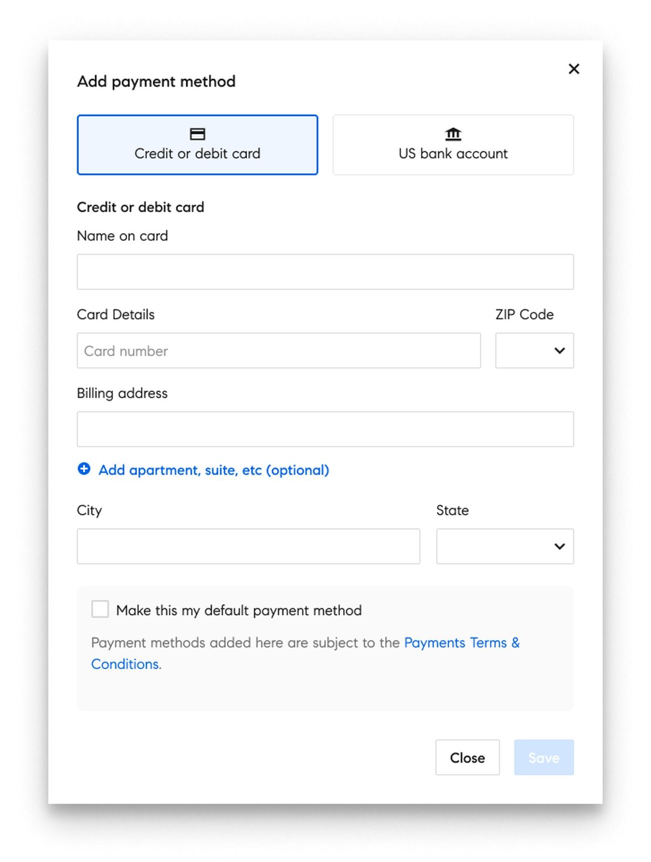 ACH and surcharge payment flow design, showing add payment method interface with design annotations