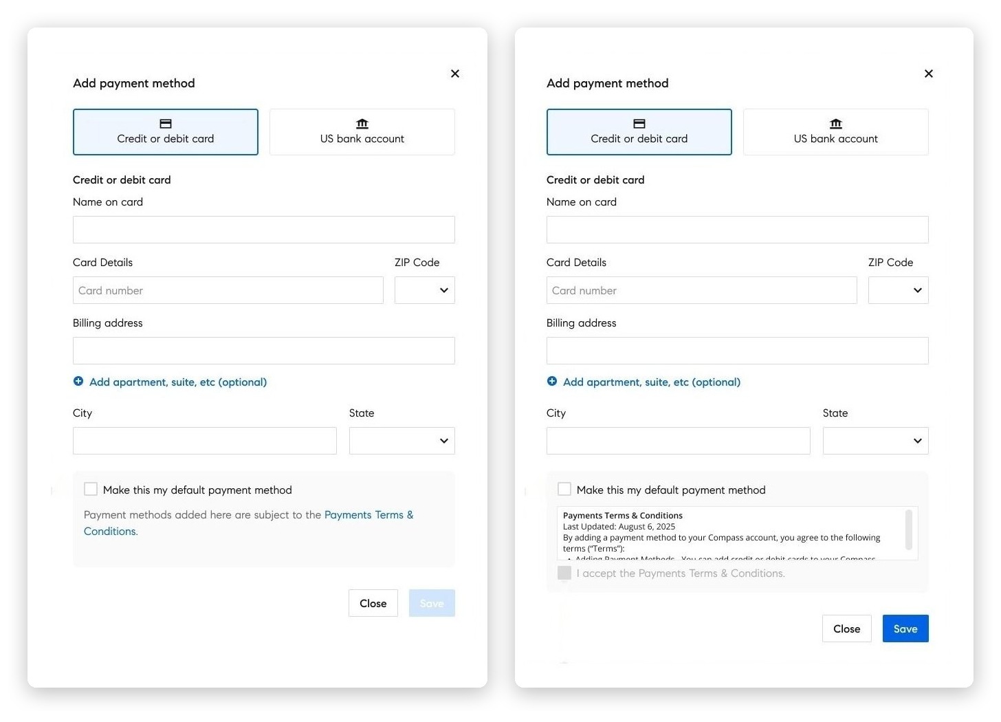 Two states of the Add payment method modal side by side: a streamlined version for agents already on unified terms, and a version with terms embedded and the acceptance checkbox disabled until scrolled