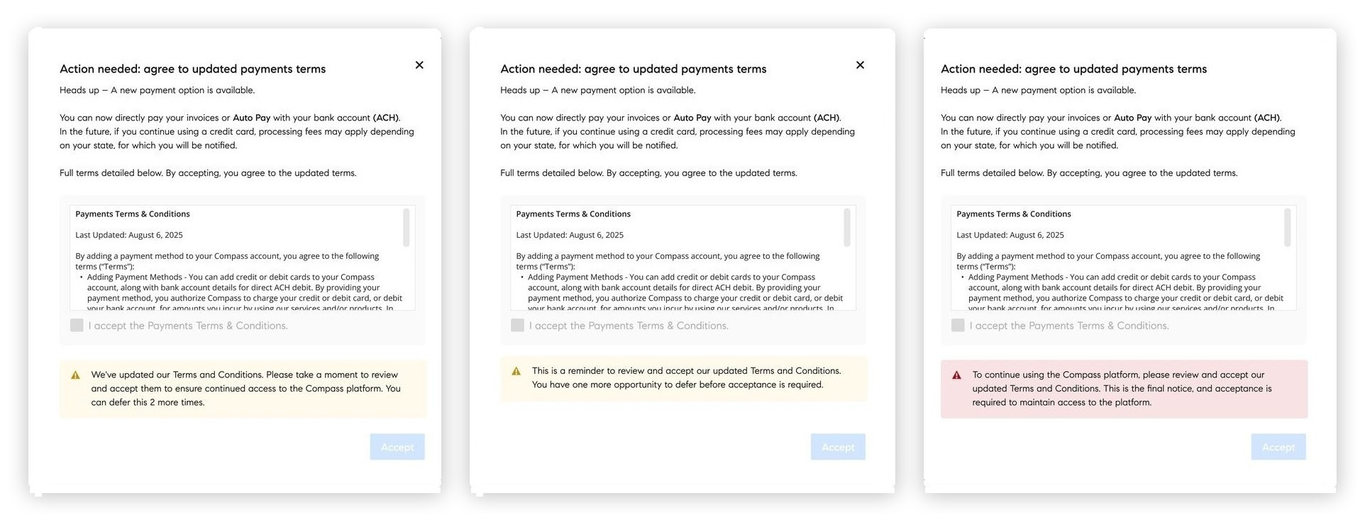 Three states of the Payments Terms and Conditions deferral banner, escalating from a yellow two-deferrals-left notice to an amber final-warning notice to a red mandatory-acceptance notice