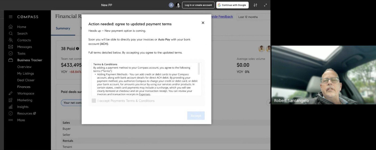 Remote usability testing session, agent screen-sharing the Compass payment terms modal while walking through the update in real time