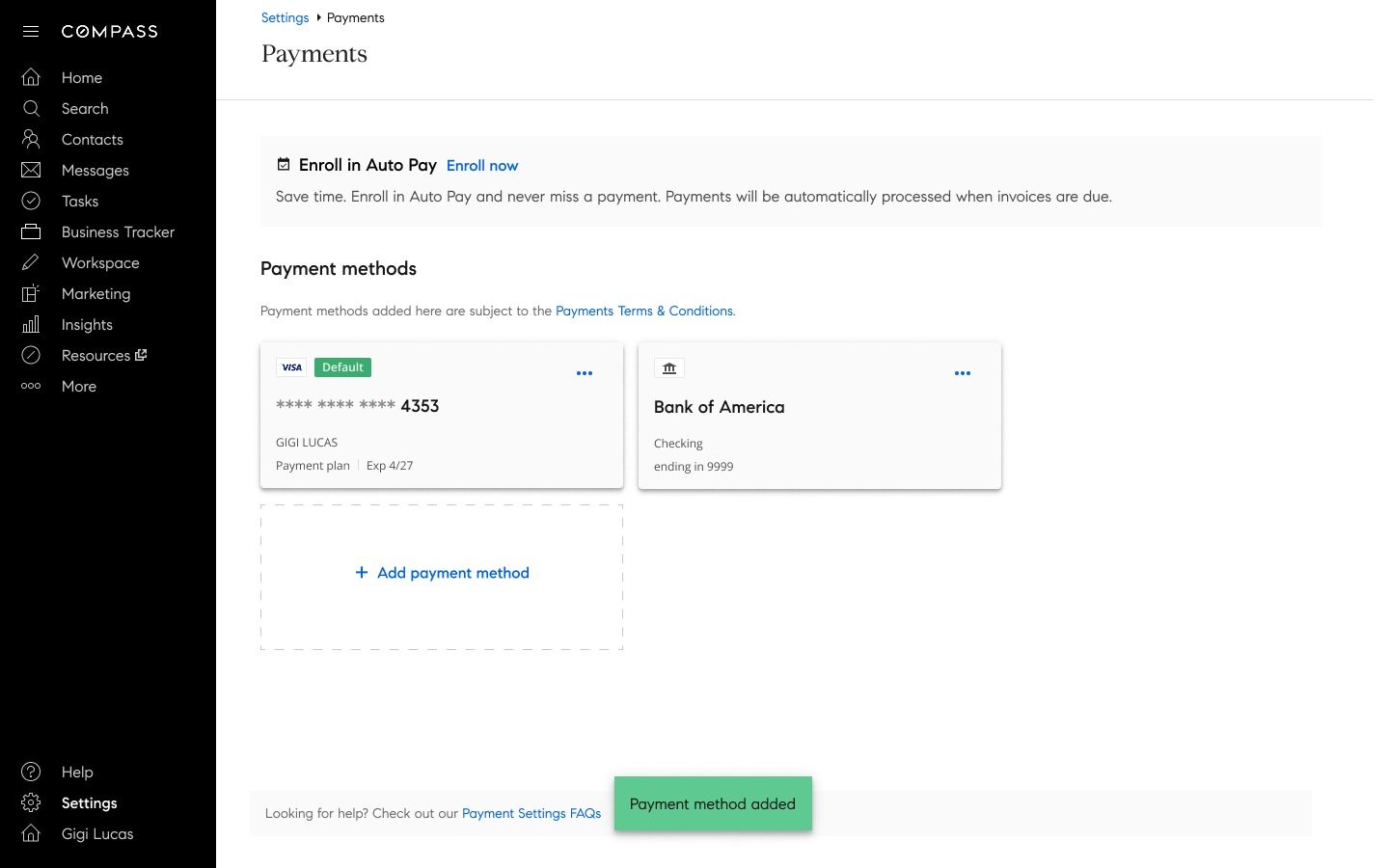 Compass Payments settings page showing an agent's wallet with a Bank of America ACH account successfully added alongside their existing card
