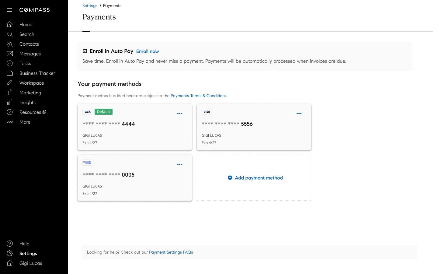 Compass Payments settings page showing an agent's wallet with only credit and debit cards on file, no ACH option