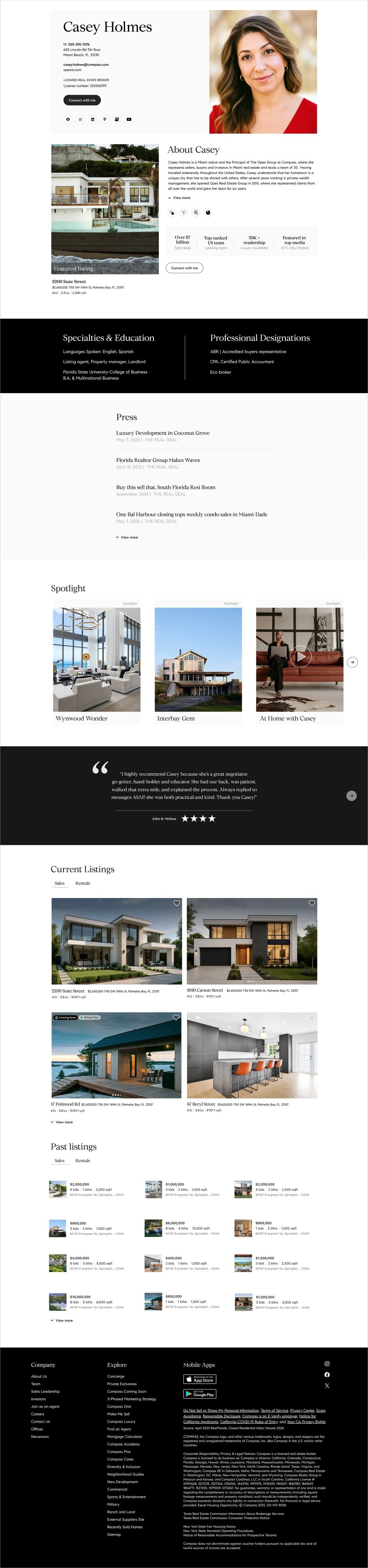 Rebuilt Compass agent public profile for Casey Holmes, scrolling through structured contact info, About, Press, Spotlight, Testimonials, and listings