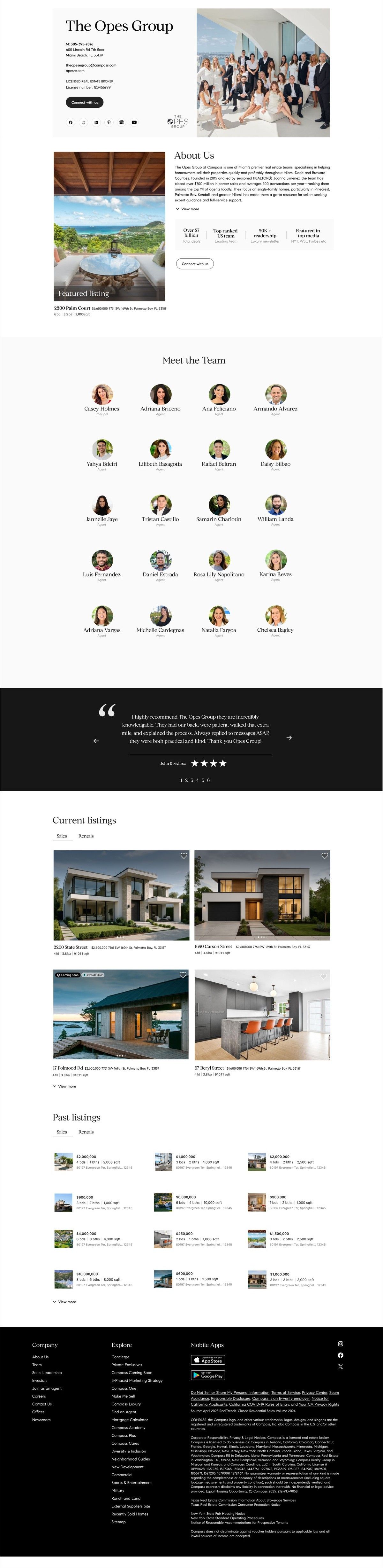 Team version of the redesigned profile for The Opes Group, scrolling through Meet the Team, testimonials, and listings