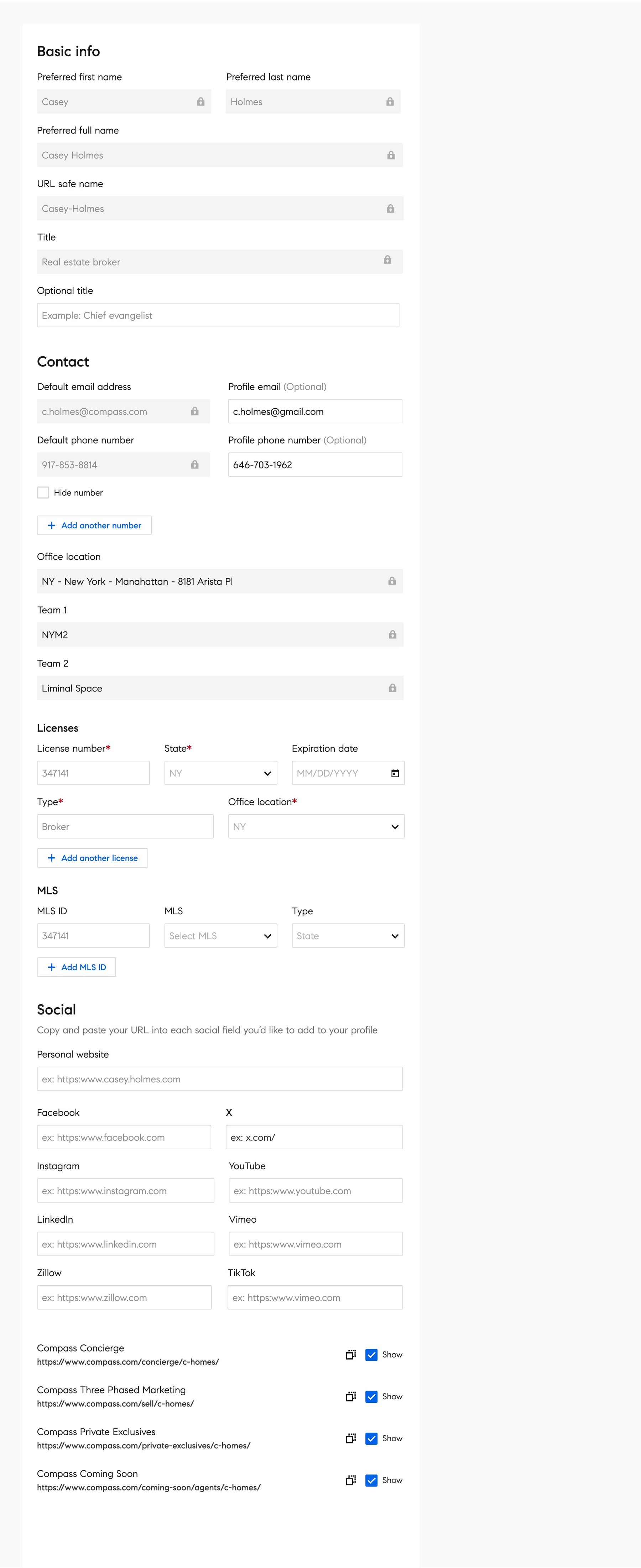 Compass agent profile editor, Overview tab showing Basic info, Contact, Licenses, MLS, and Social fields