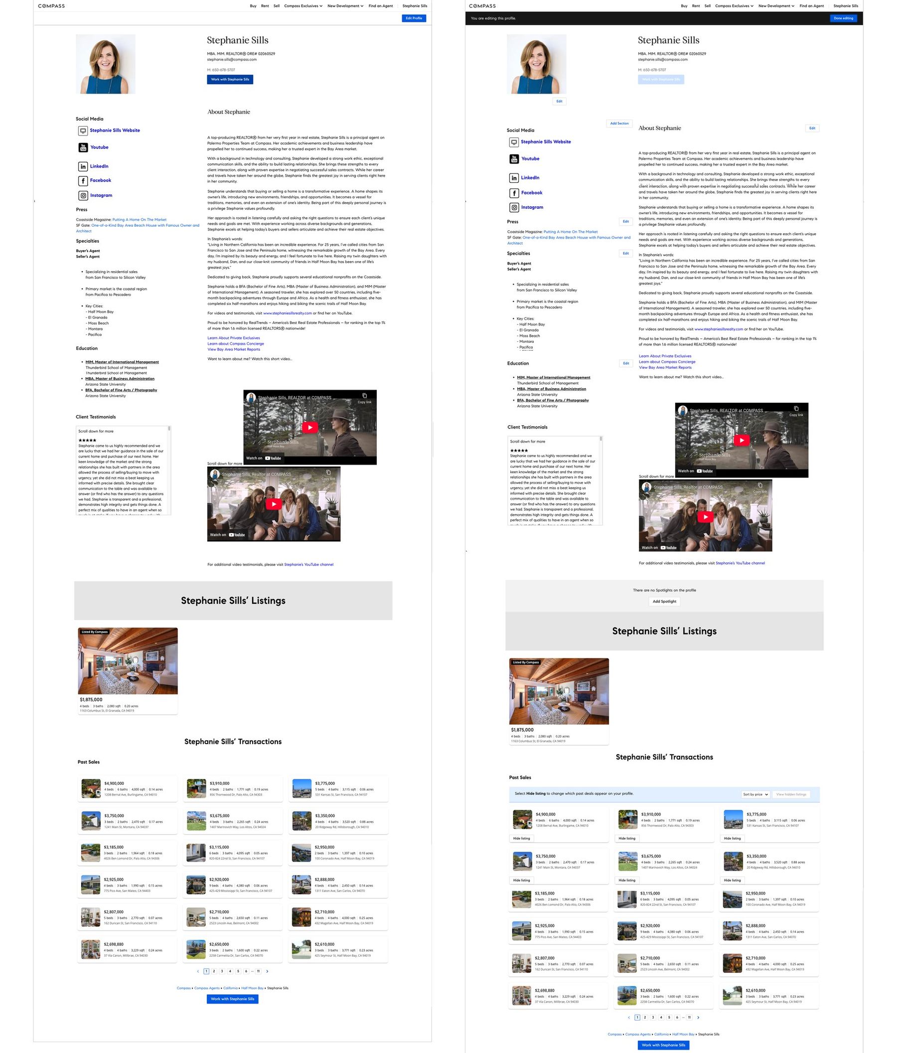 Compass agent profile, live view on the left and editing mode on the right, showing inline Edit and Hide listing controls