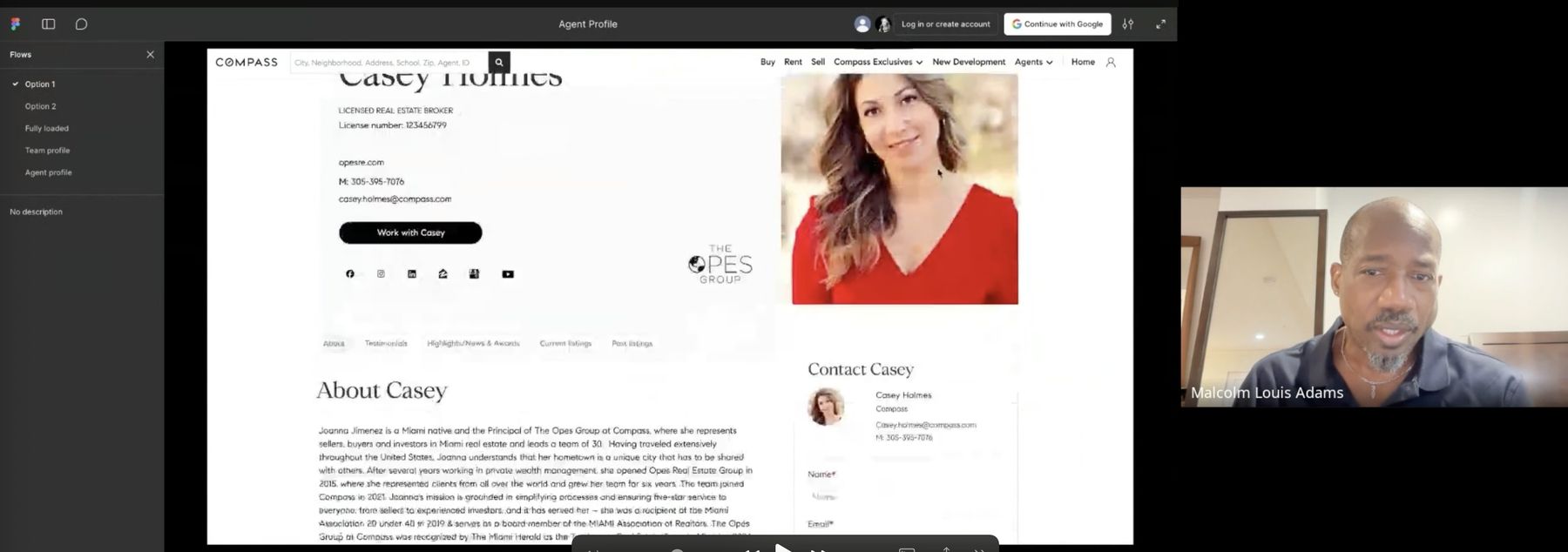 Moderated usability testing session, walking a participant through the redesigned agent profile prototype in Figma