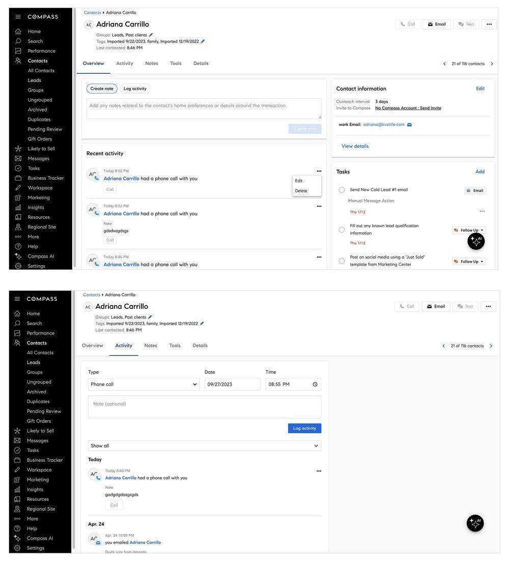 Before: fragmented Compass contact page, information split across separate tabs