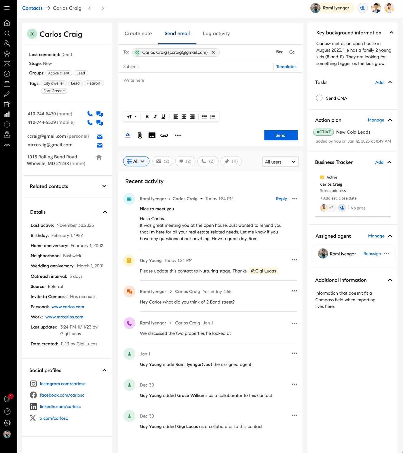 Compass CRM unified contact detail page showing agent activity feed and key background information