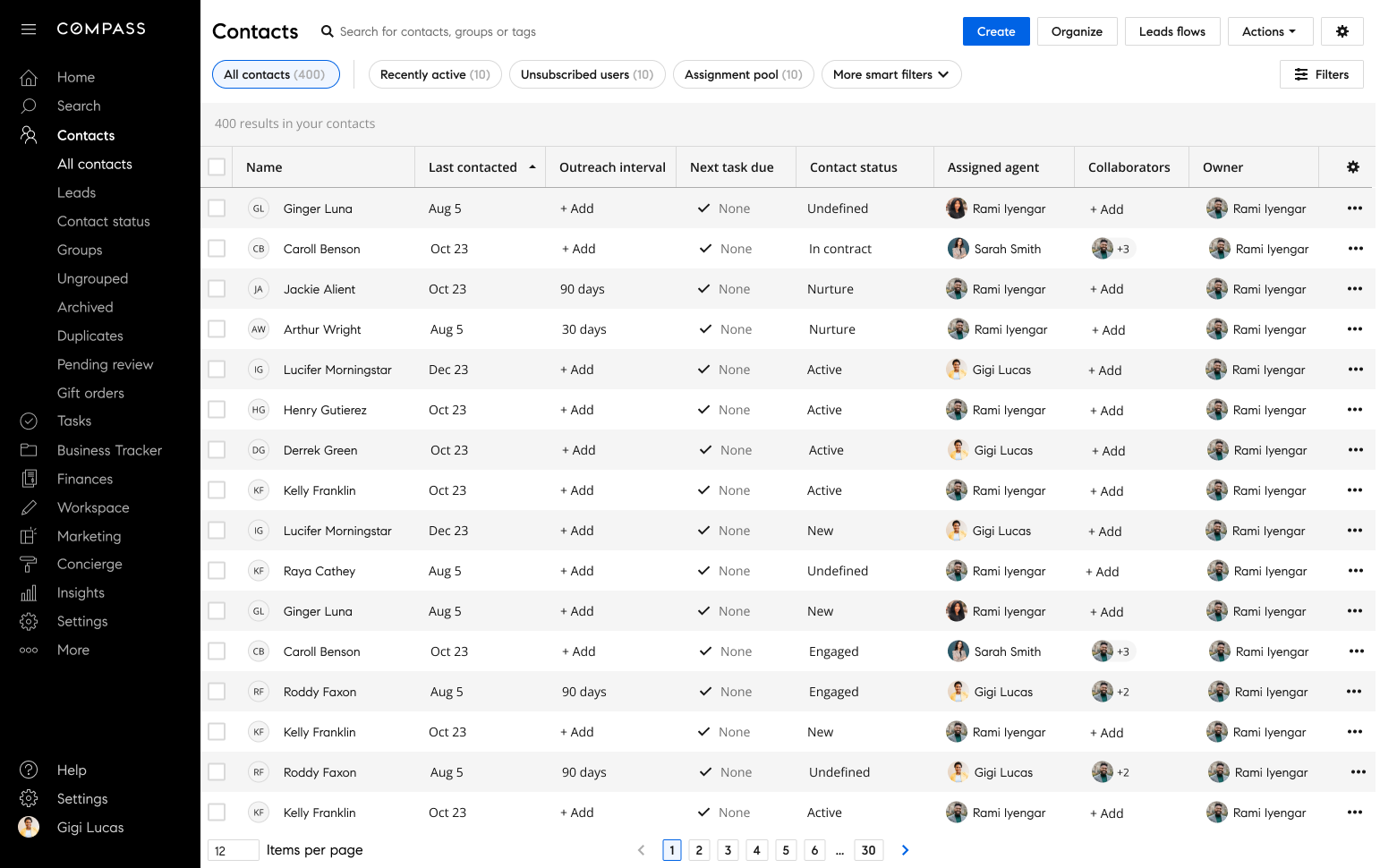Compass CRM contacts table showing the Contact status column alongside outreach interval, assigned agent, and collaborators