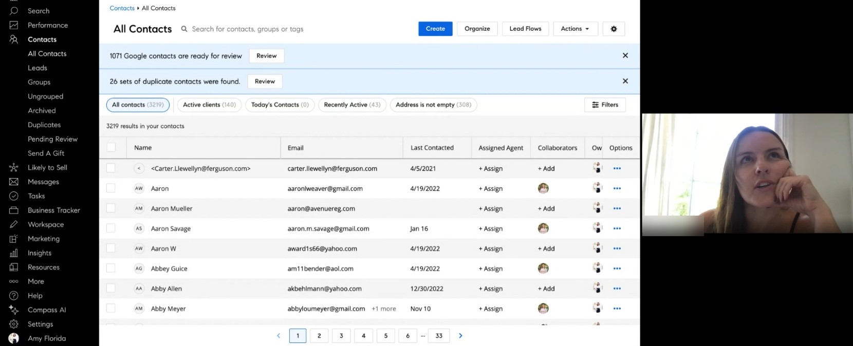 Usability session showing an unstructured contact pipeline with 3,219 contacts, 1,071 unreviewed, and 26 sets of duplicates, the problem that led to structured relationship statuses