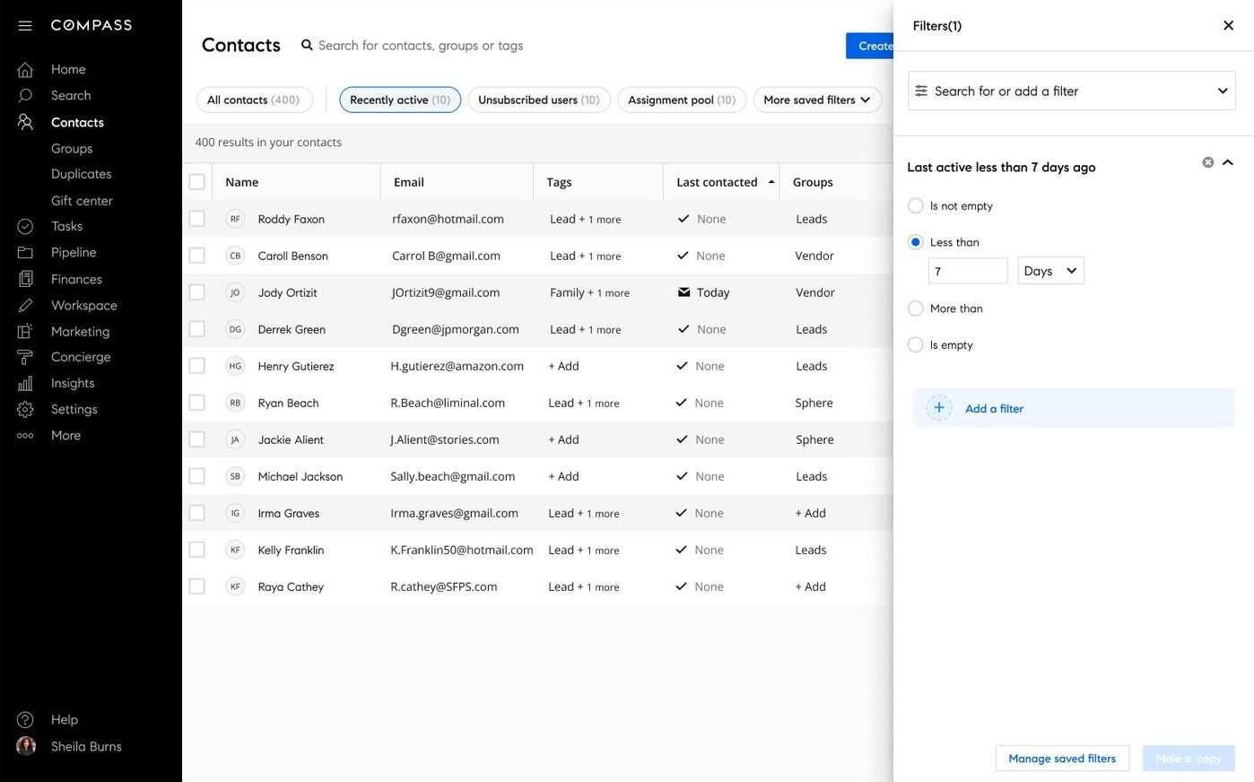 After: persistent saved filter pills with a boolean condition builder