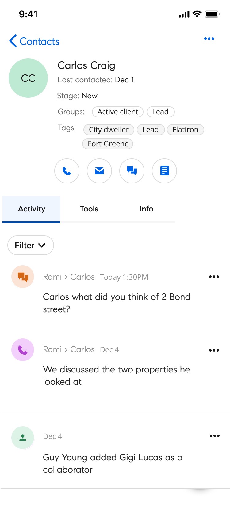 Compass mobile contact page, Activity tab