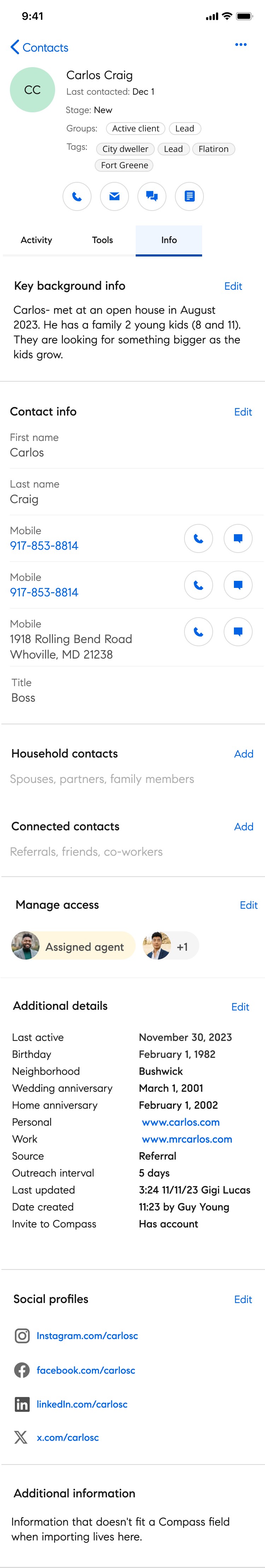 Compass mobile contact page, Info tab
