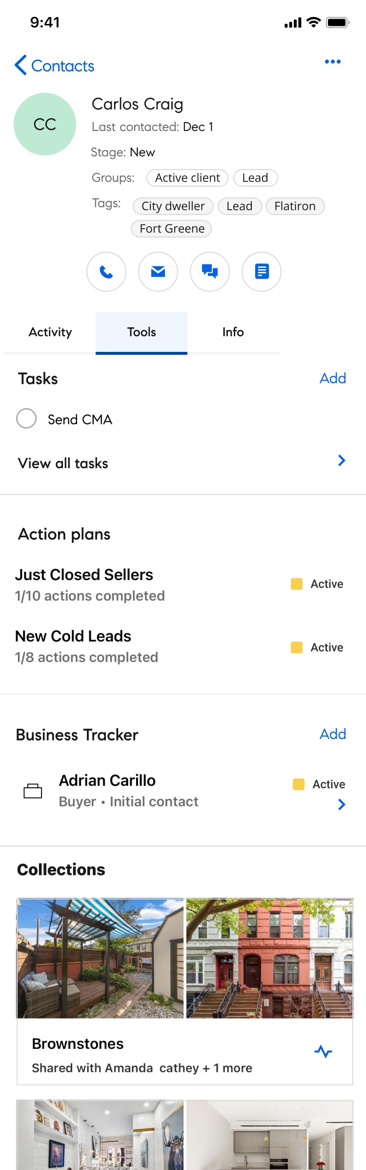Compass mobile contact page, Tools tab
