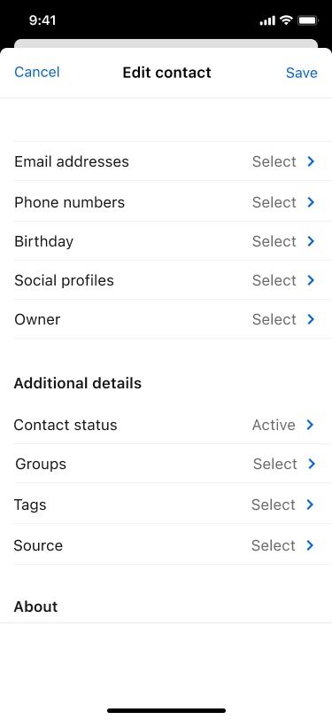 Edit contact screen with Contact status field showing Active