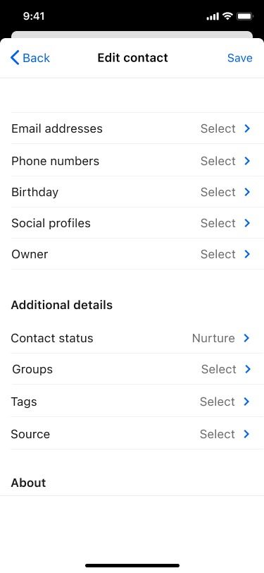 Edit contact screen with status updated to Nurture