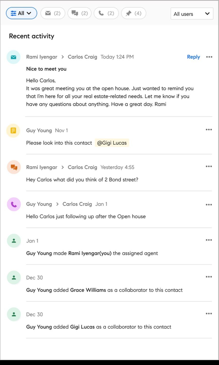 Compass CRM activity feed, all activity