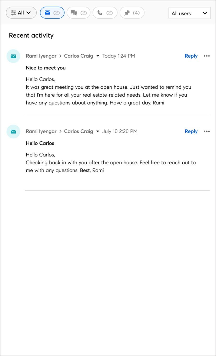 Compass CRM activity feed filtered to emails