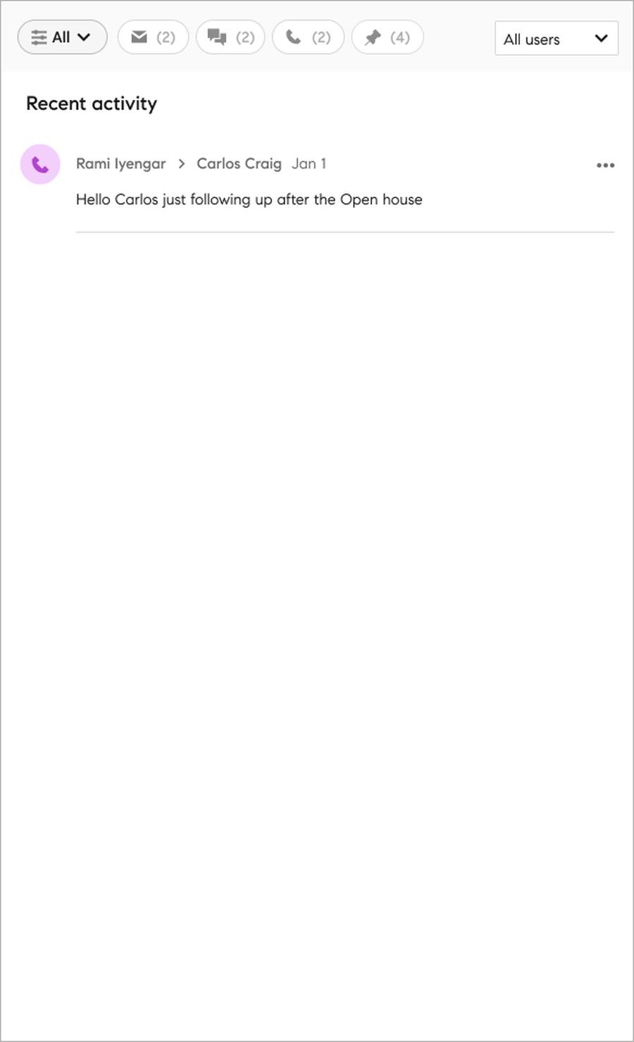 Compass CRM activity feed filtered to calls