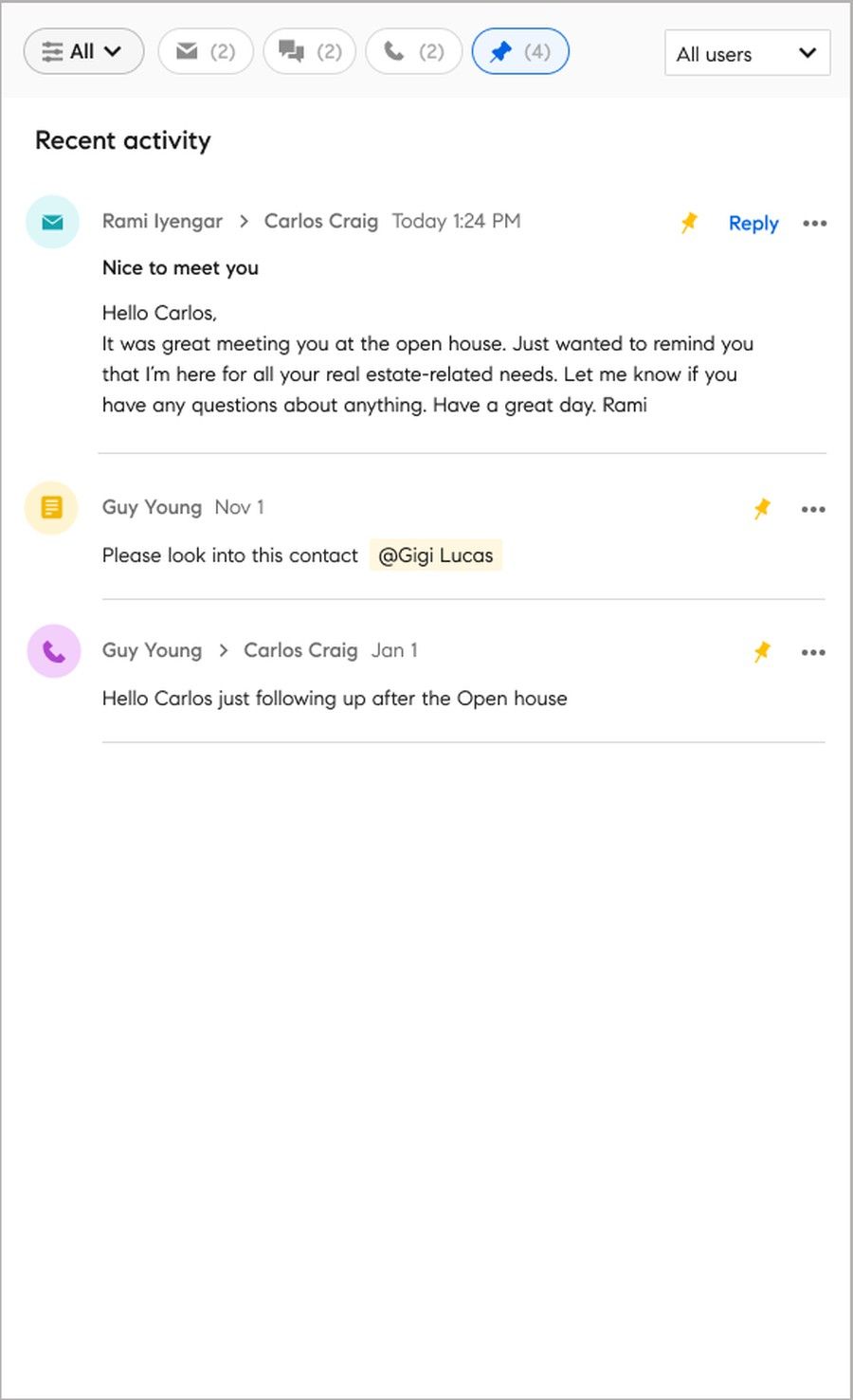 Compass CRM activity feed filtered to pinned items