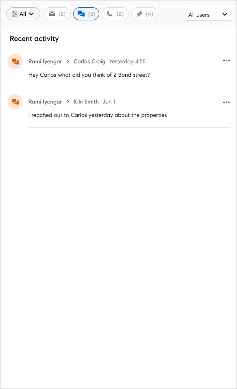 Compass CRM activity feed filtered to messages
