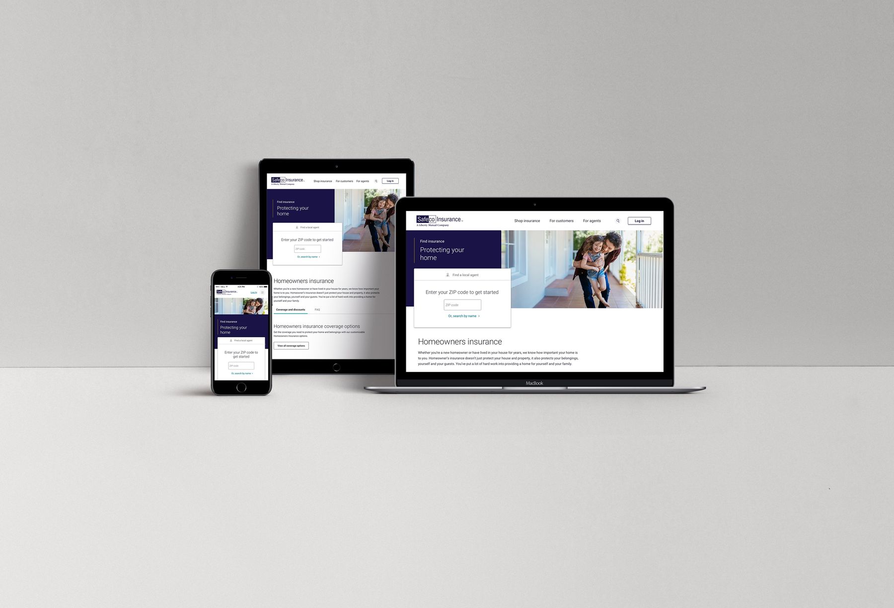 Safeco homepage shown consistently across tablet, laptop, and mobile breakpoints