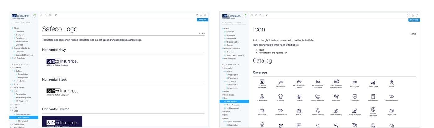 Safeco design system documentation showing the logo component and icon catalog