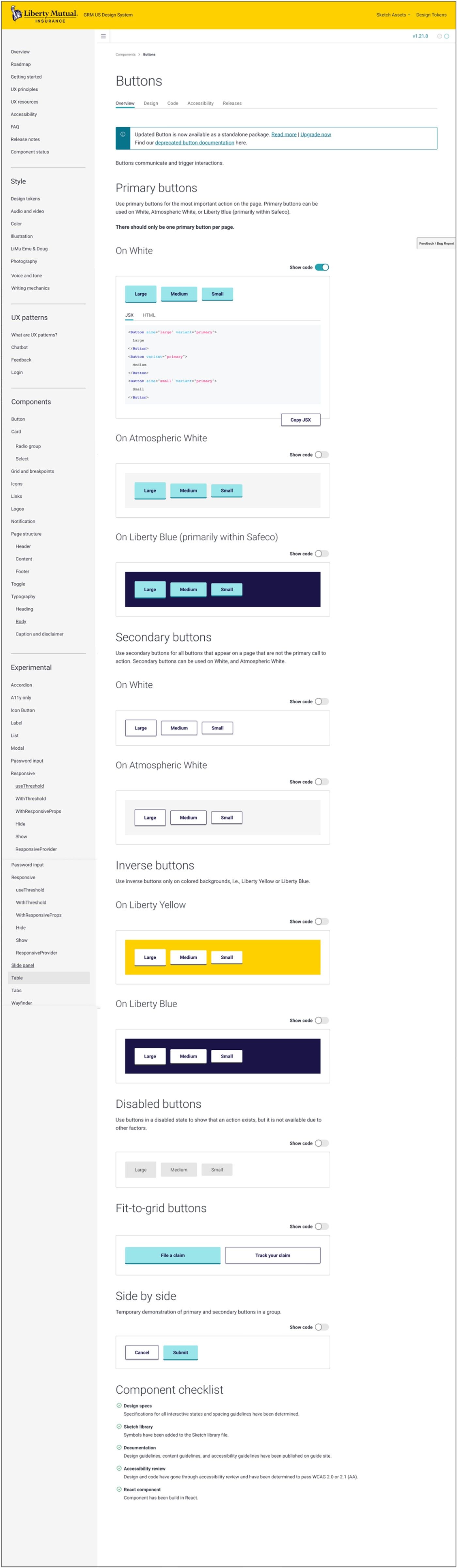 Liberty Mutual GRM design system documentation, Buttons component page with states, live code snippets, and a component checklist