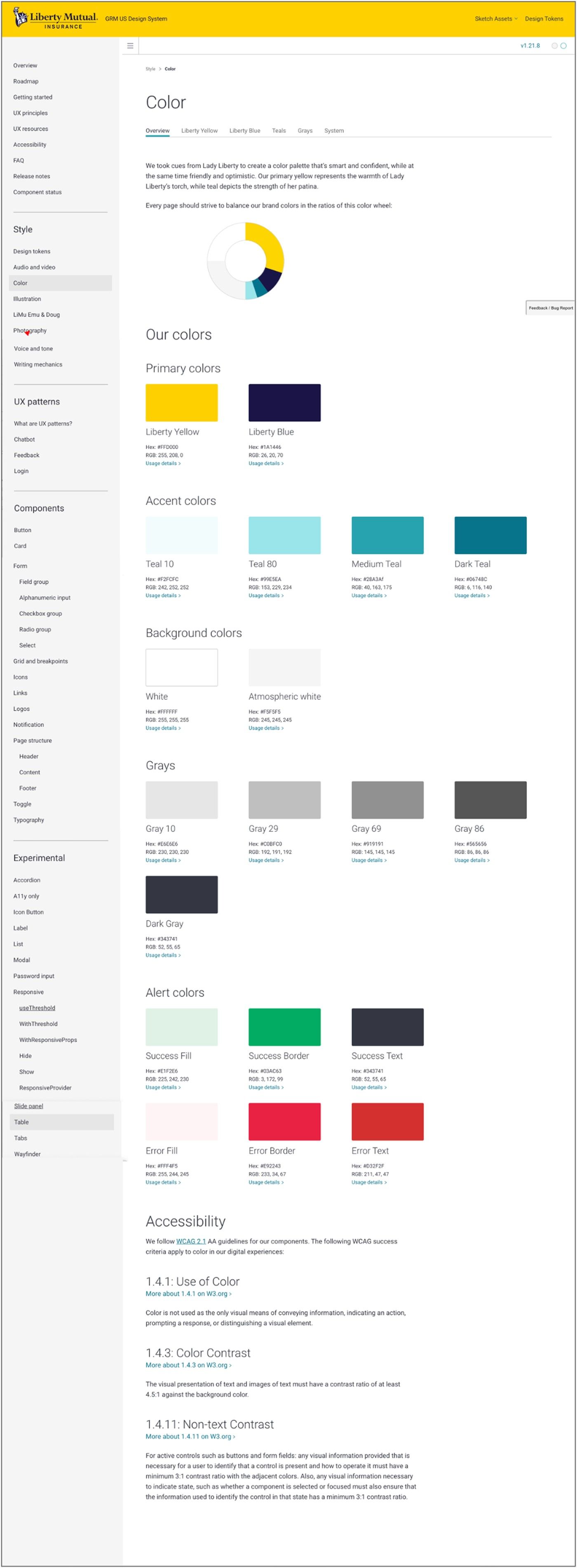 Liberty Mutual GRM design system documentation, Color page with full palette and WCAG accessibility guidance