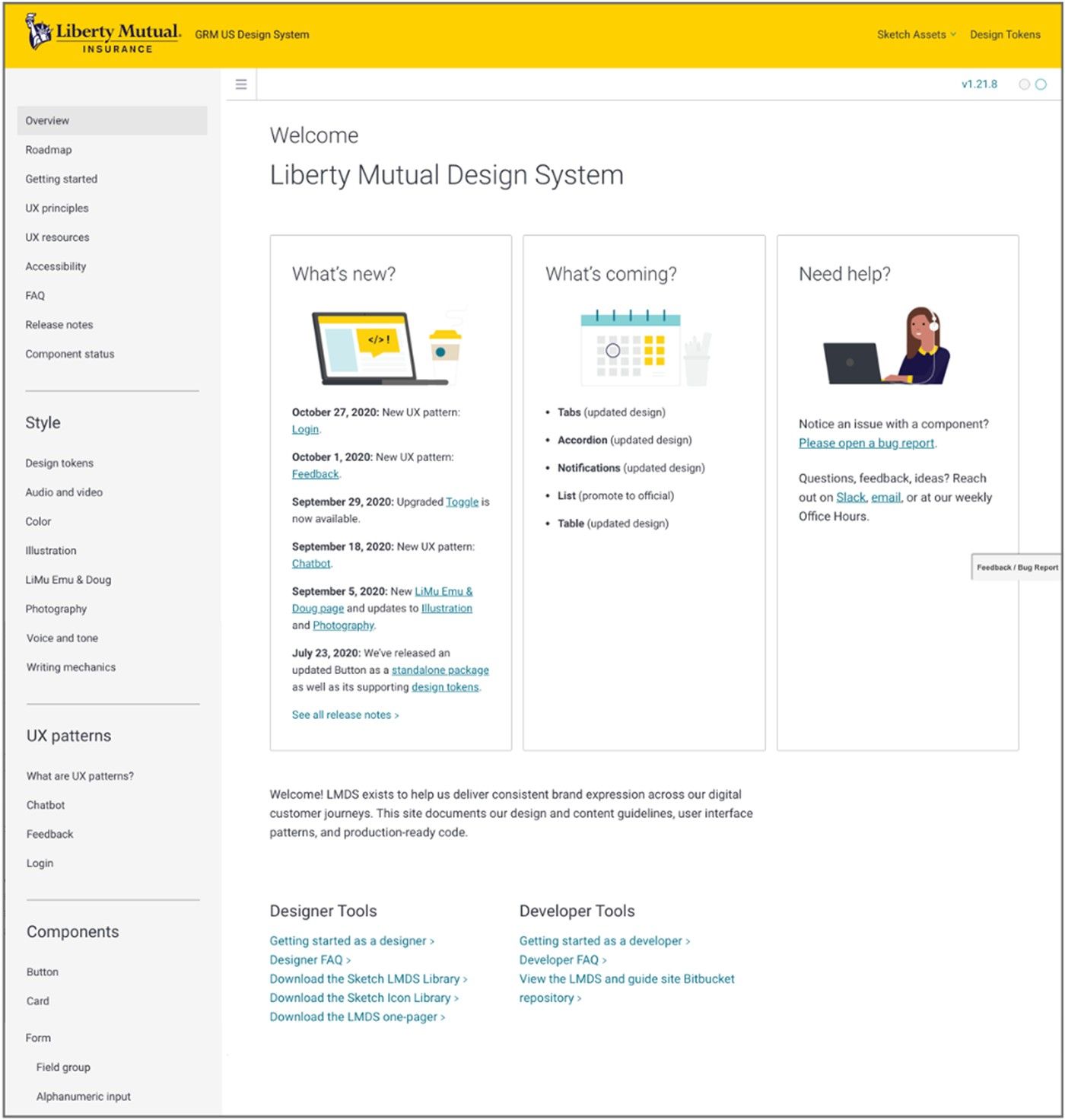 Liberty Mutual GRM design system documentation, Overview page with what's new, what's coming, and designer and developer tools