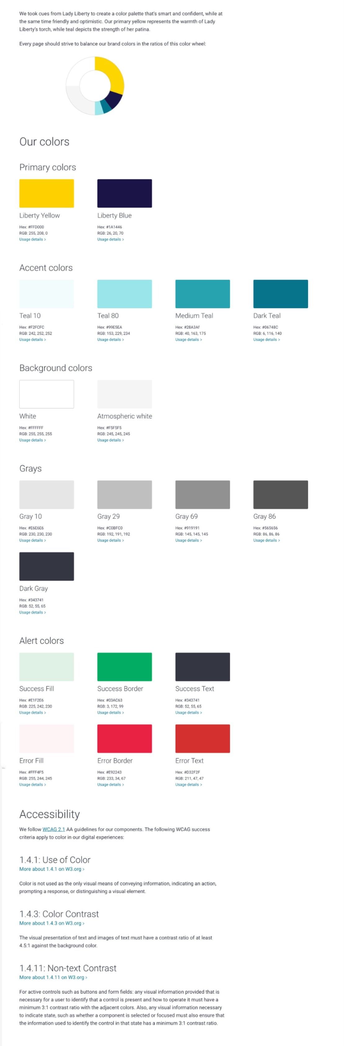 Liberty Mutual design system documentation showing brand color tokens