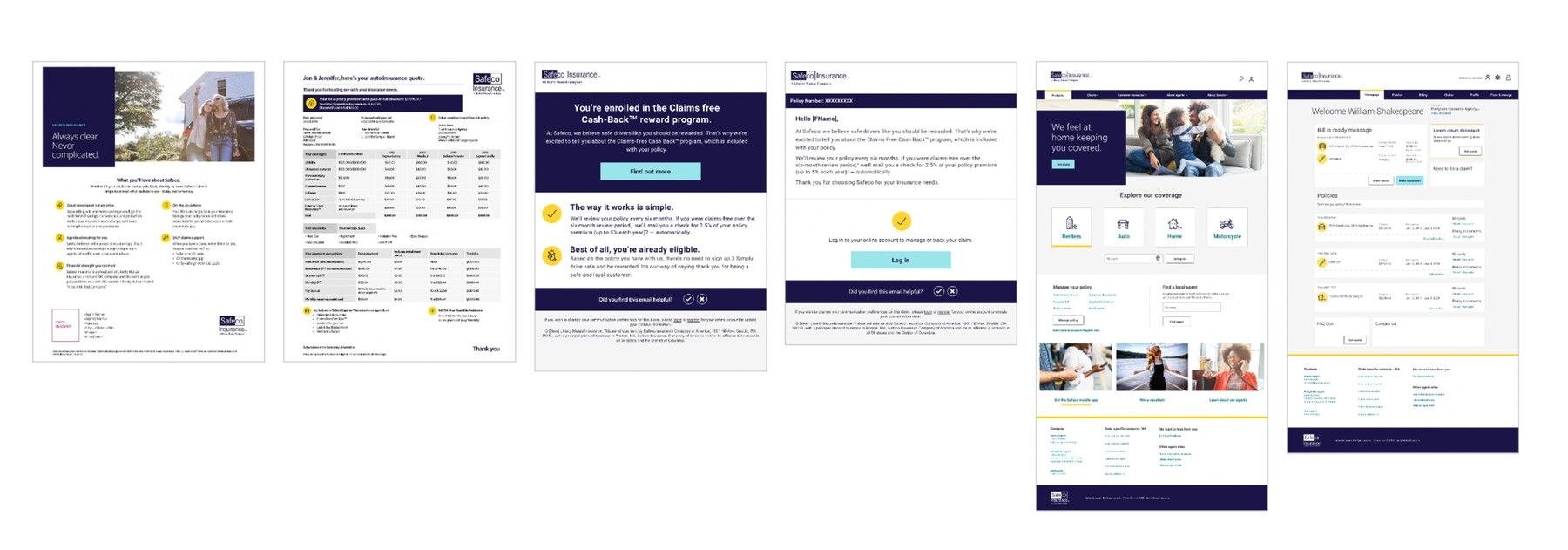 Real Safeco products built on the design system: marketing materials, quote documents, email, and the customer website