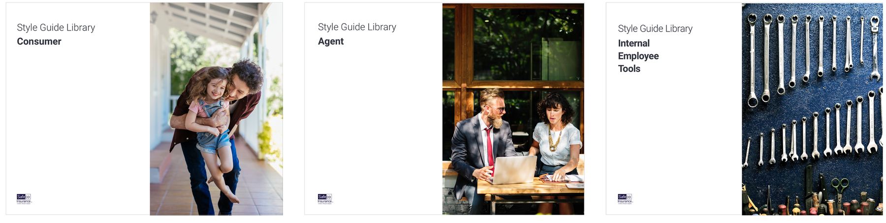 Safeco style guide library covers for Consumer, Agent, and Internal Employee Tools audiences