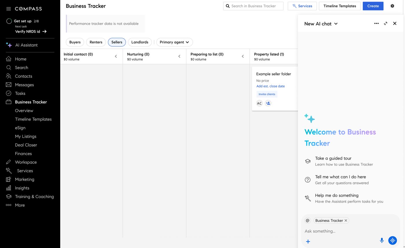 Compass AI assistant onboarding menu offering three options: take a guided tour, ask what can I do here, or have the assistant perform tasks for you