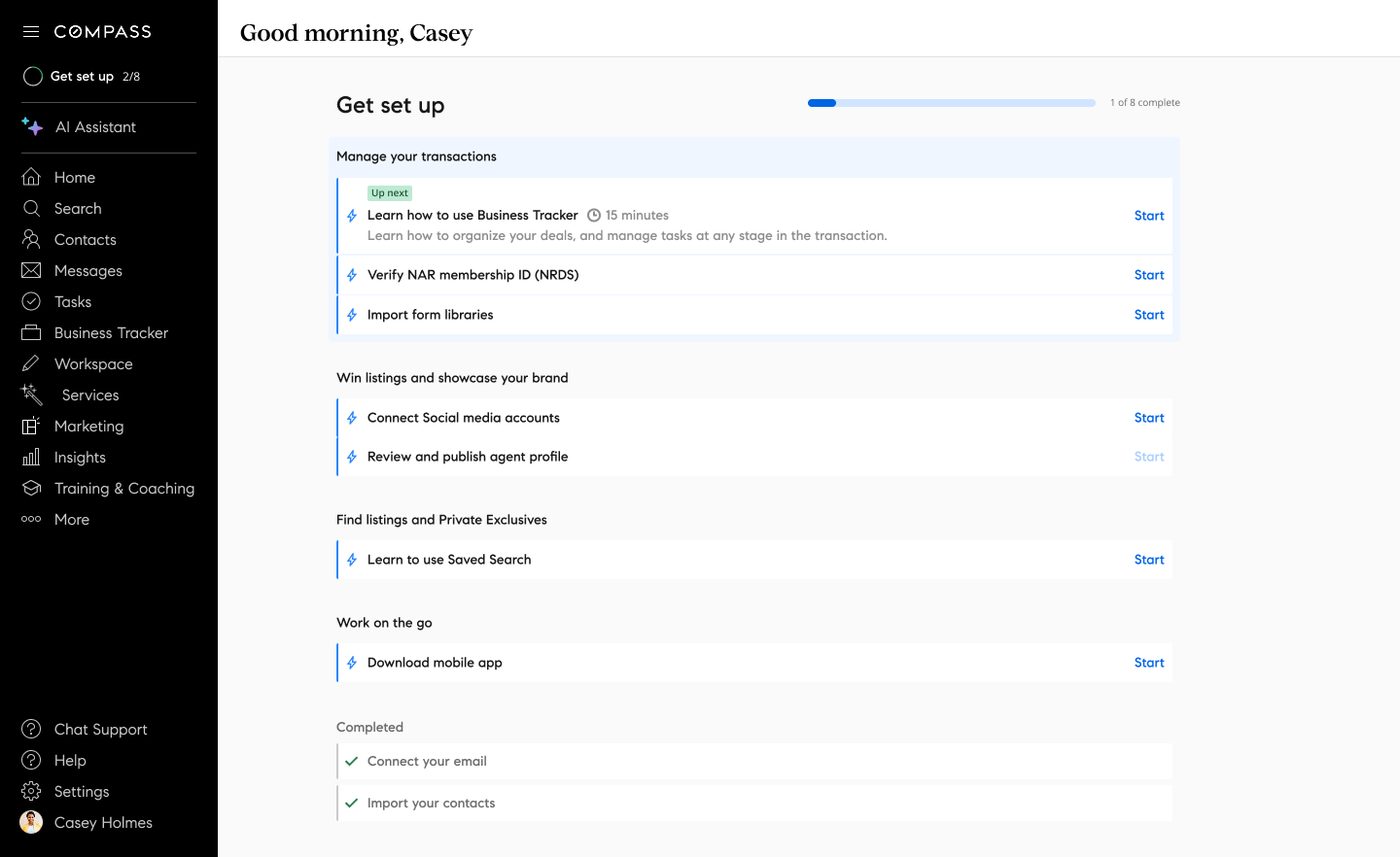Compass web onboarding checklist, Get set up, with an AI Assistant entry in the left navigation