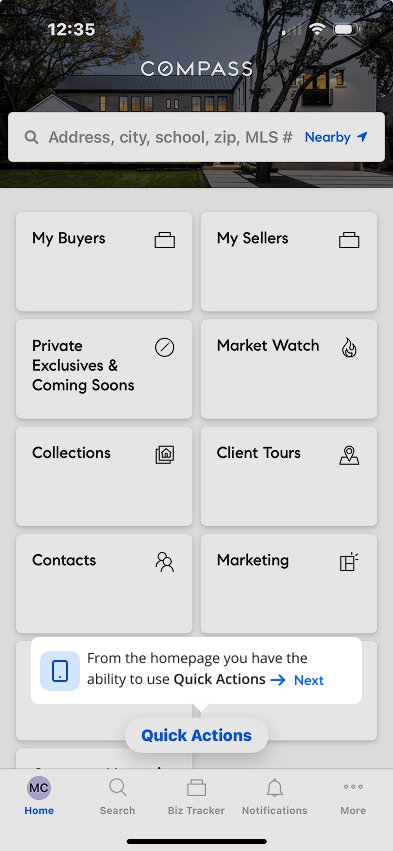 Compass mobile app tour tooltip pointing to Quick Actions