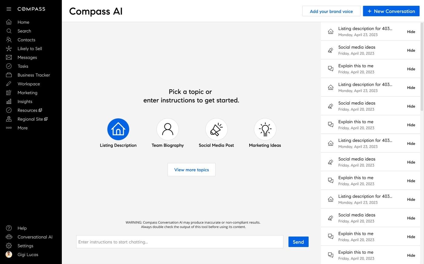 Compass AI writing tool, Listing Description selected