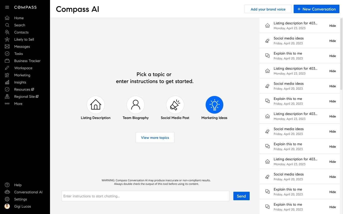 Compass AI writing tool, Marketing Ideas selected