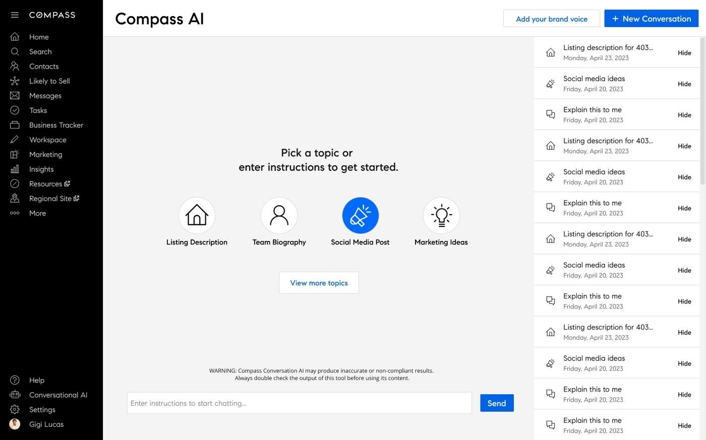 Compass AI writing tool, Social Media Post selected