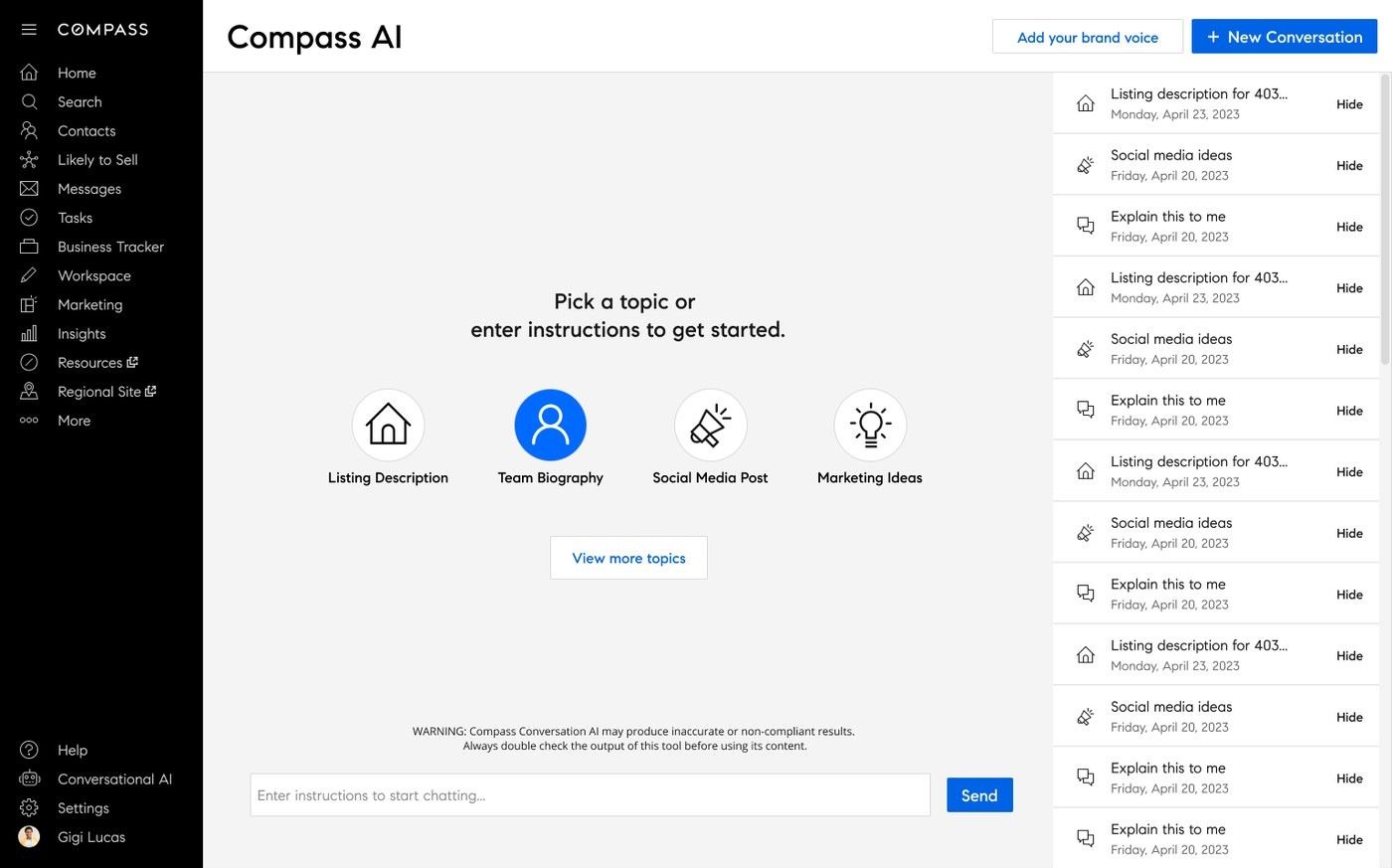 Compass AI writing tool, Team Biography selected