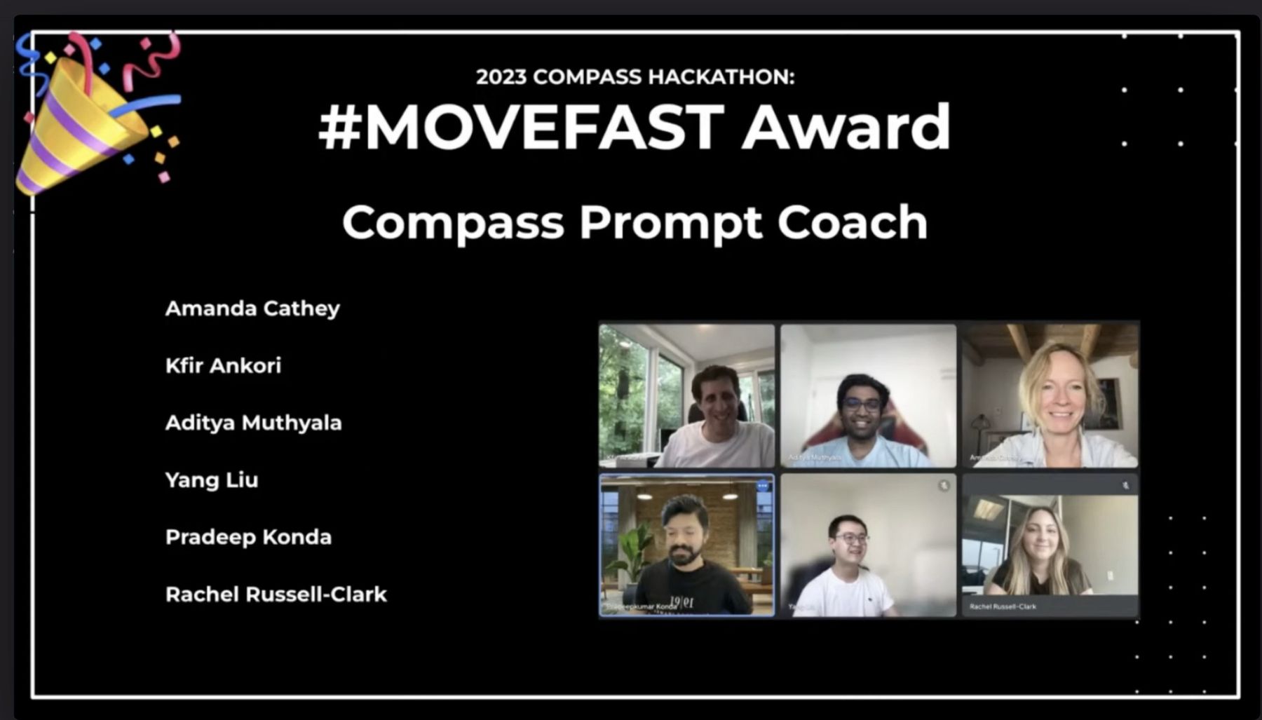 2023 Compass Hackathon #MoveFast Award slide for Compass Prompt Coach, with the team: Amanda Cathey, Kfir Ankori, Aditya Muthyala, Yang Liu, Pradeep Konda, and Rachel Russell-Clark