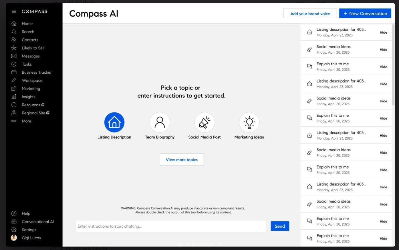 Compass AI chat interface showing topic options: Listing Description, Team Biography, Social Media Post, and Marketing Ideas