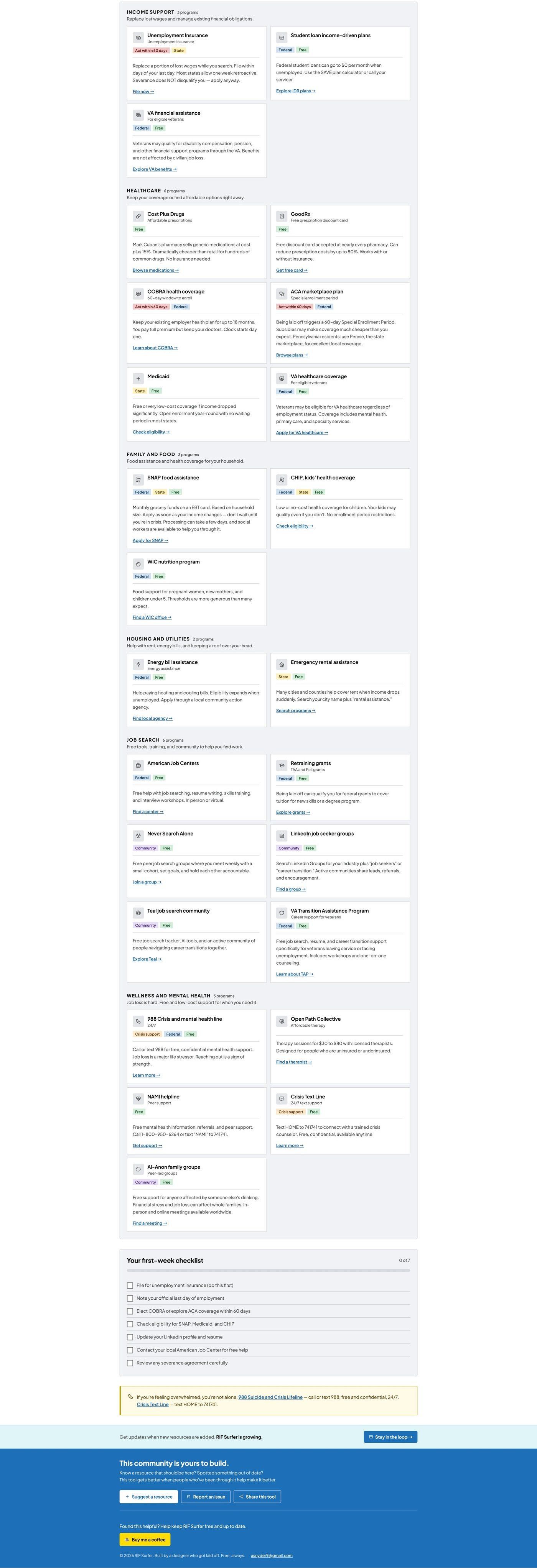 RIF Surfer benefits finder tool showing categorized support programs by state