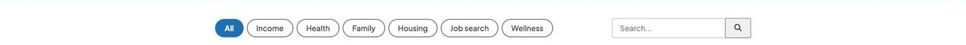 RIF Surfer category filter pills: All, Income, Health, Family, Housing, Job search, Wellness