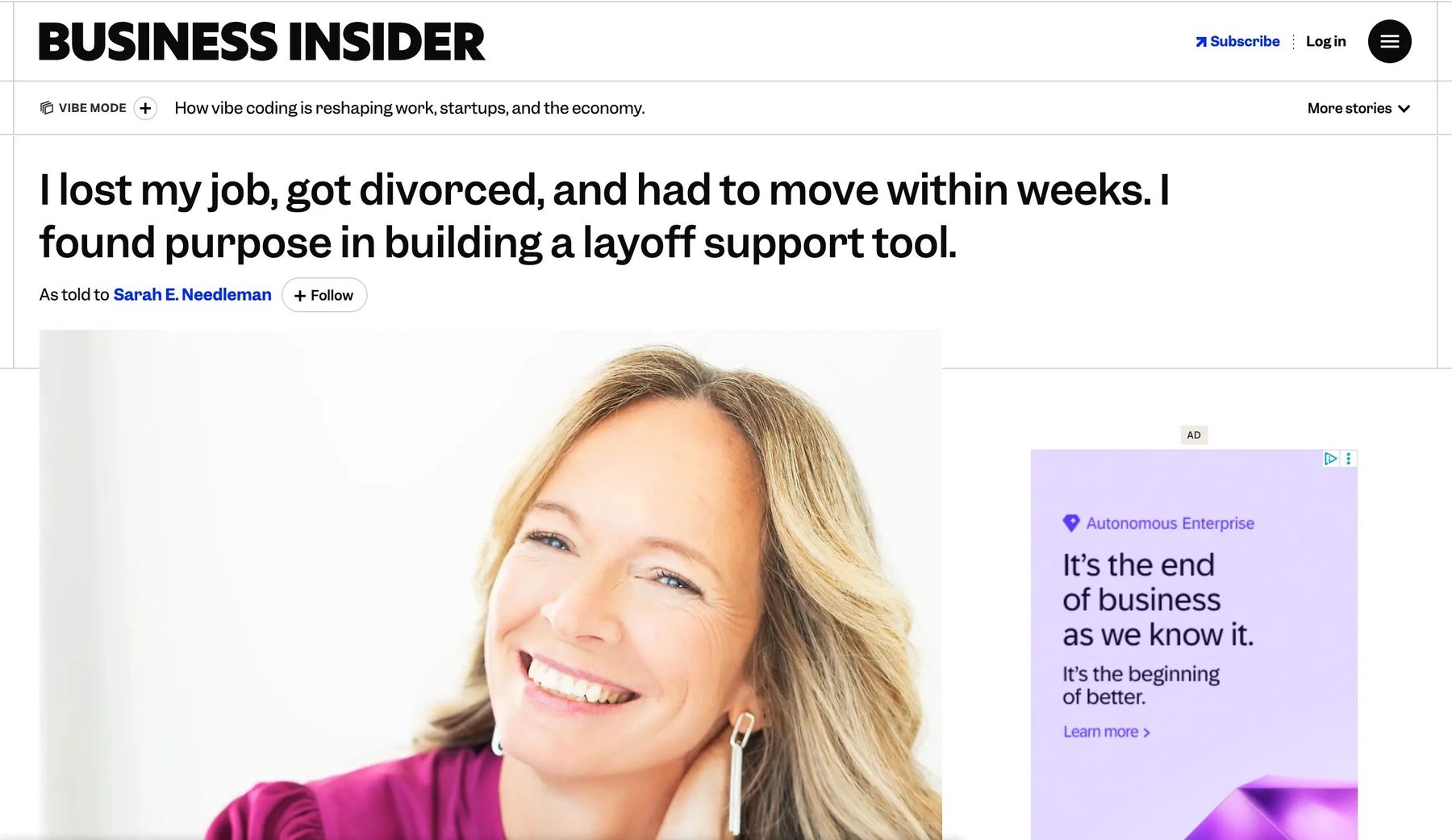 Business Insider headline: I lost my job, got divorced, and had to move within weeks. I found purpose in building a layoff support tool. As told to Sarah E. Needleman.