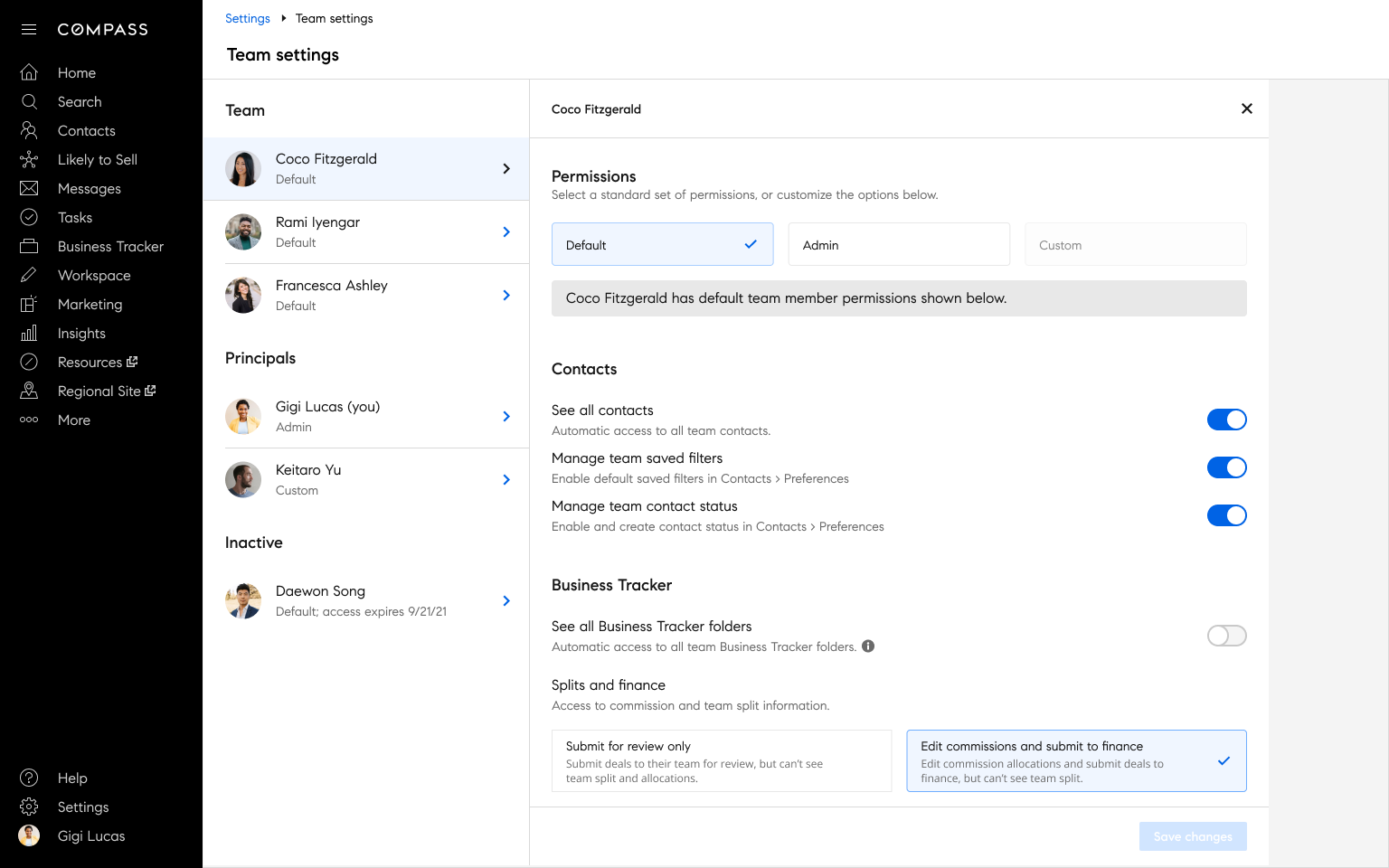 Compass Team Settings screen showing tiered permissions for saved filters and contact status